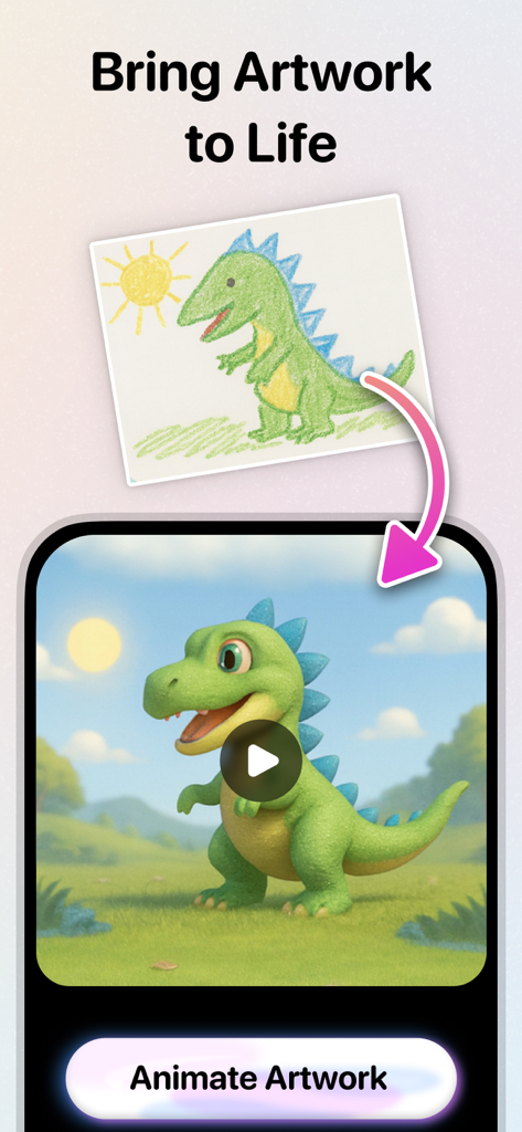 Interface do aplicativo Keepbox mostrando um desenho de dinossauro infantil sendo animado usando IA