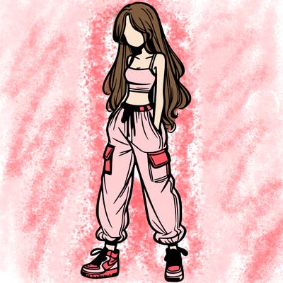 girl in baggy pants crop top and long hair