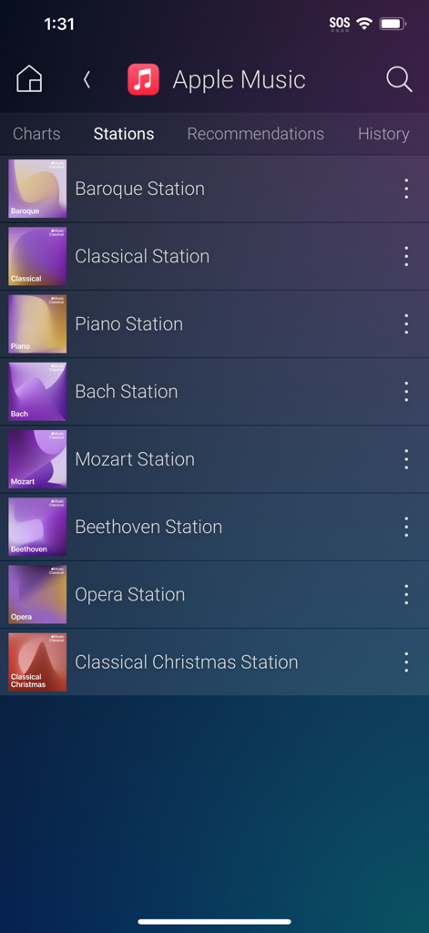 Control4 - Control4 app interface showing Apple Music radio stations list