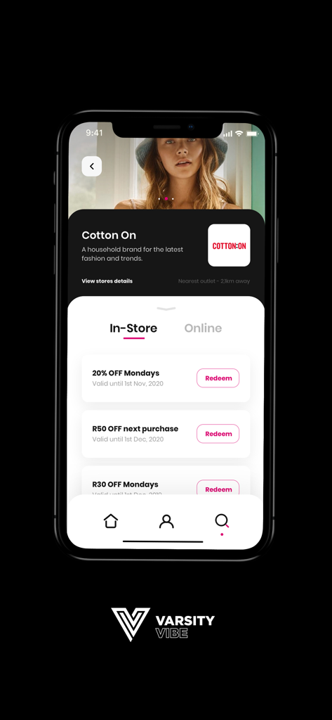 Varsity Vibe - Varsity Vibe app screen showing Cotton On student discounts and in store deals