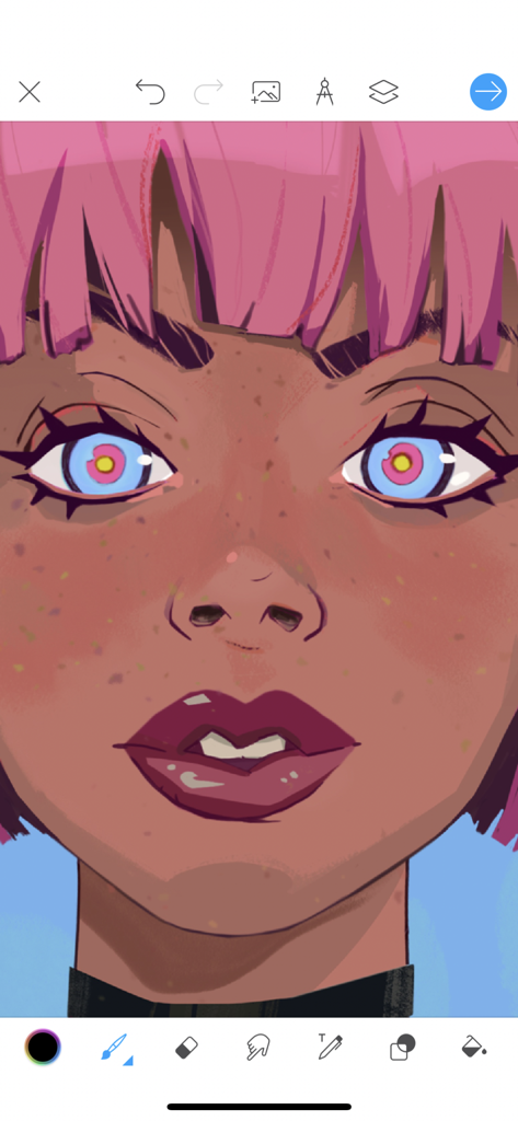 Dibujo digital de una chica con el pelo rosa en la interfaz de la aplicación Picsart Color