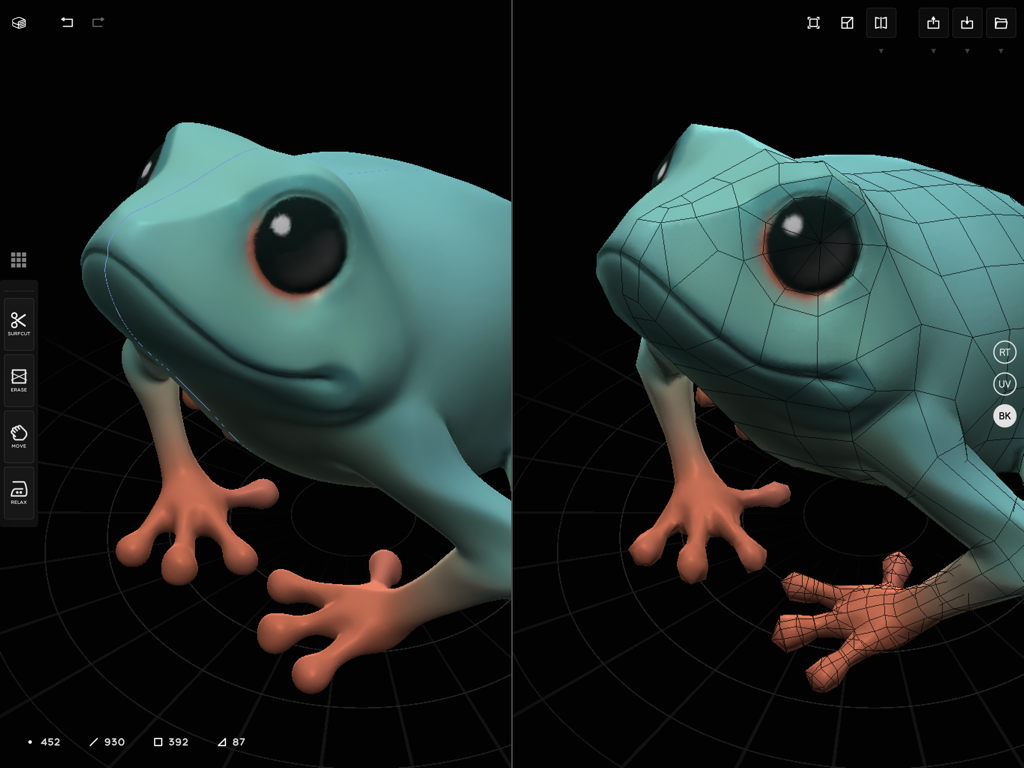 CozyBlanket - Side-by-side comparison of a smooth 3D frog sculpt and its manually retopologized mesh