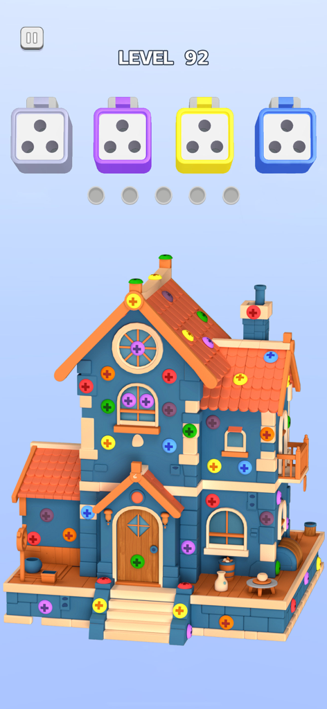 Screw Sort 3D: Pin Puzzle Game - A 3D blue toy house covered in colorful screws with sorting bins at the top in a mobile puzzle game.
