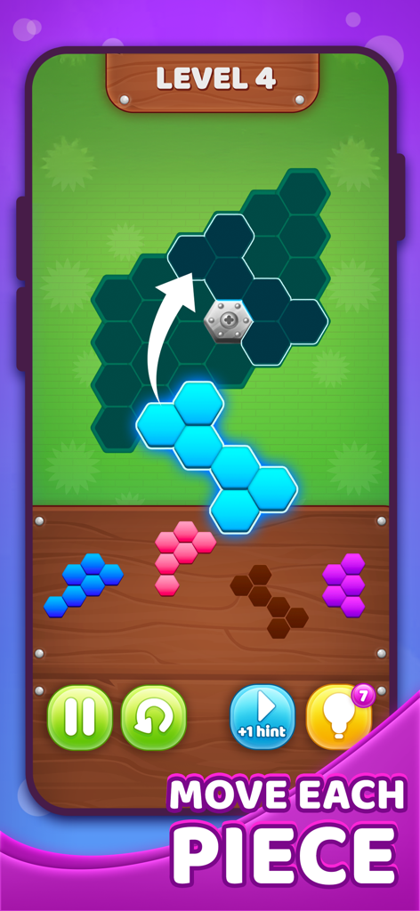 Hex Match: Block Puzzle - A colorful hex block puzzle game interface where a blue piece is being dragged into a grid