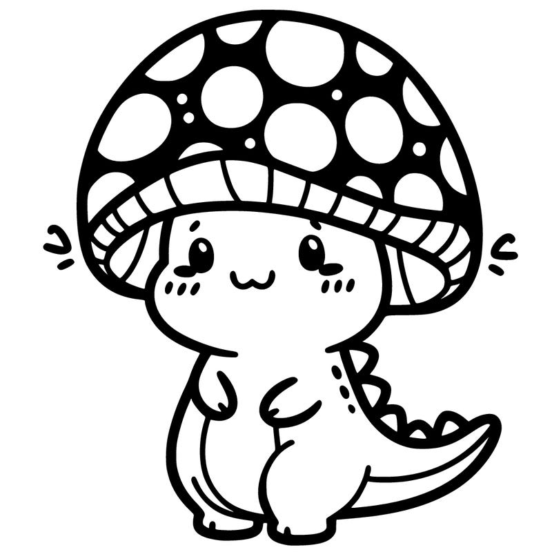 a kawaii dinosaur in a mushroom hat