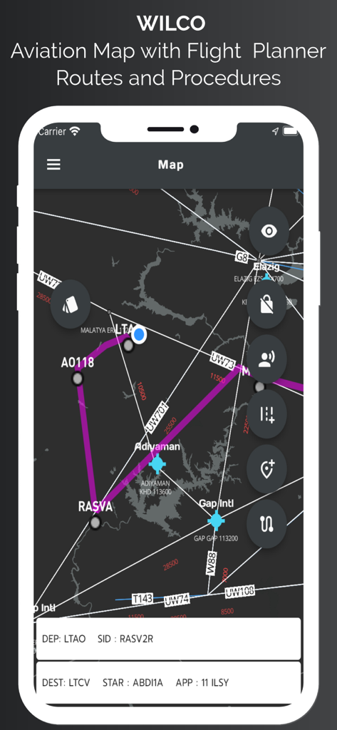 WilCo - Pilot Aviation Weather - WilCo app aviation map interface showing flight routes waypoints and procedures