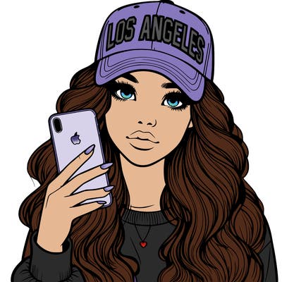 realistic beautiful girl wearing los ángeles cap holding an iphone