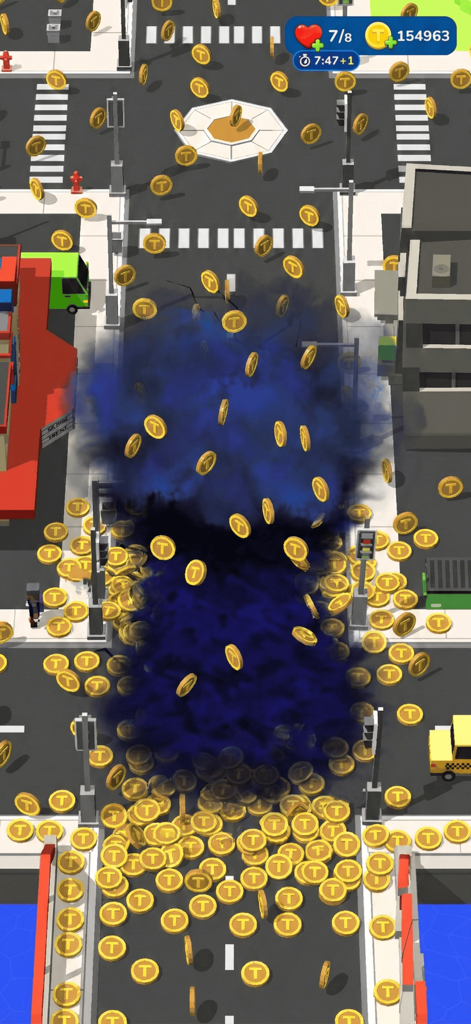 A dark blue tornado collecting gold coins on a city street in Tornado io game