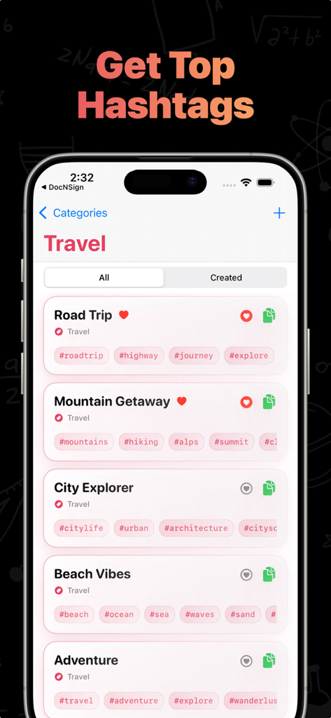 Get Followers & Likes Boost - Interface of the Get Followers and Likes Boost app showing curated travel hashtag categories like Road Trip and Mountain Getaway