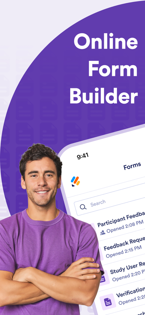Form Editor for Google Forms - Un hombre profesional junto a un smartphone mostrando la interfaz de la aplicación creadora de formularios en línea