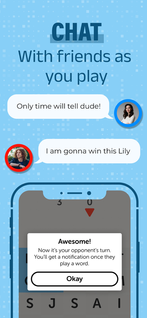 Letterpress – Word Game - A screenshot of Letterpress showing the in-app chat interface between two players and a turn notification popup.