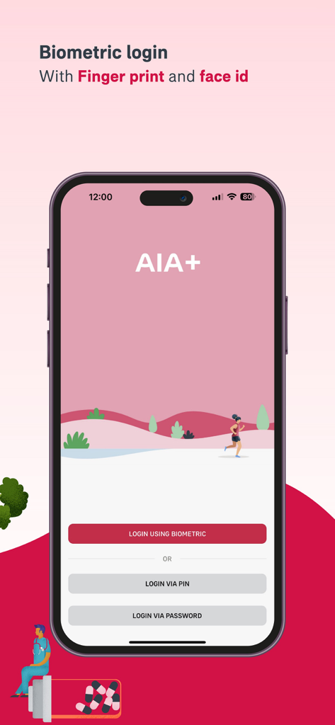 AIA+ Cambodia - AIA+ Cambodia app login screen featuring options for biometric face ID and fingerprint login.