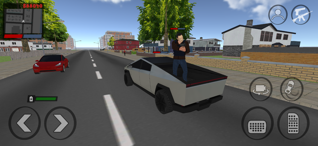 A character standing in the back of a futuristic truck during gameplay in Justice Rivals 3
