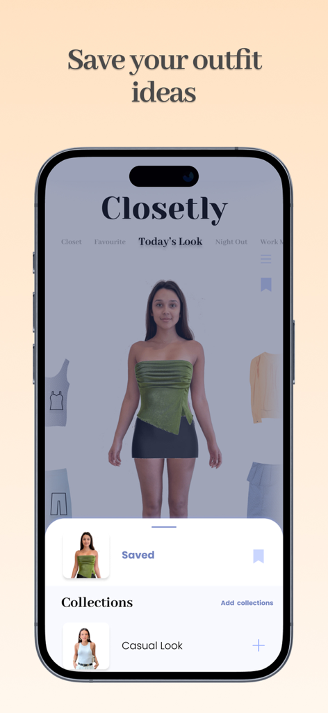 Interface of Closetly app showing a saved outfit and custom fashion collections for outfit planning.
