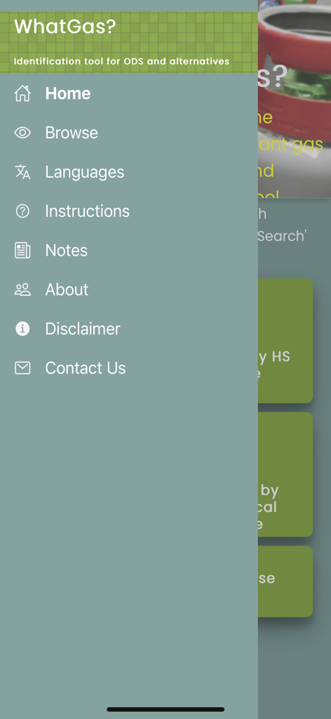 What Gasモバイルアプリのナビゲーションサイドバーメニュー。閲覧、言語、指示のオプションが表示されます。