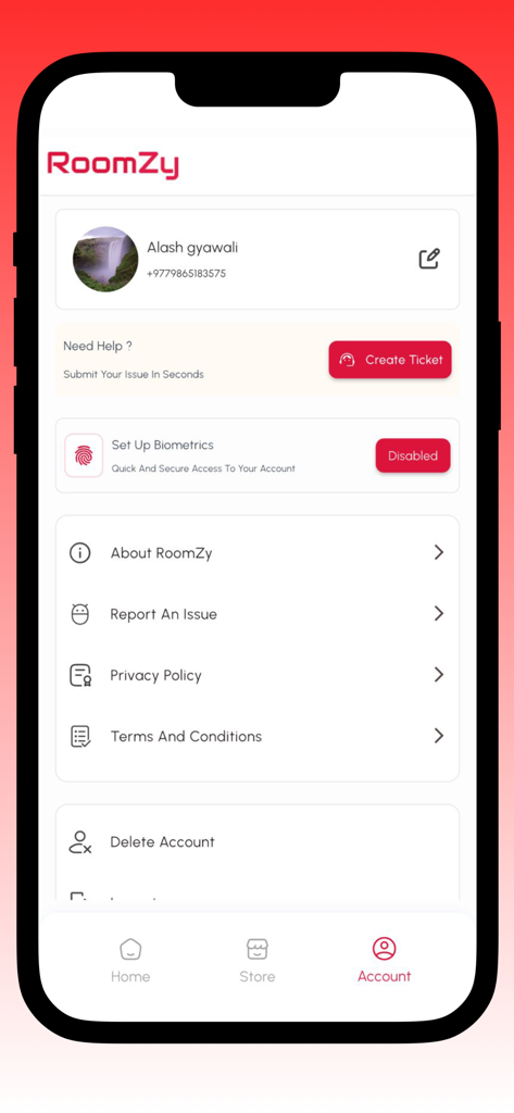 Account profile and settings interface of the Roomzy gaming gear app.