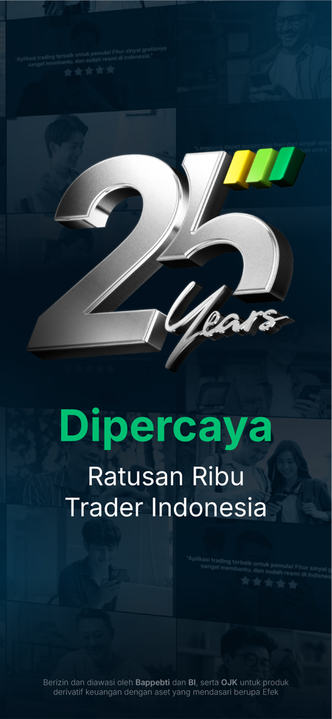 MIFX - Schermata dell'app mobile MIFX che evidenzia 25 anni di fiducia e affidabilità per i trader indonesiani.