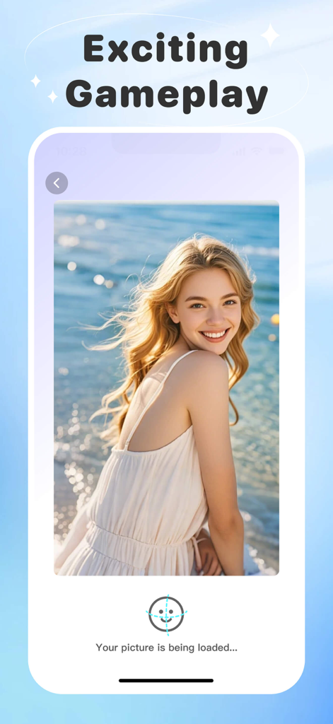 Interfaz de aplicación móvil mostrando una foto de una mujer sonriente en una playa cargándose para la generación IA