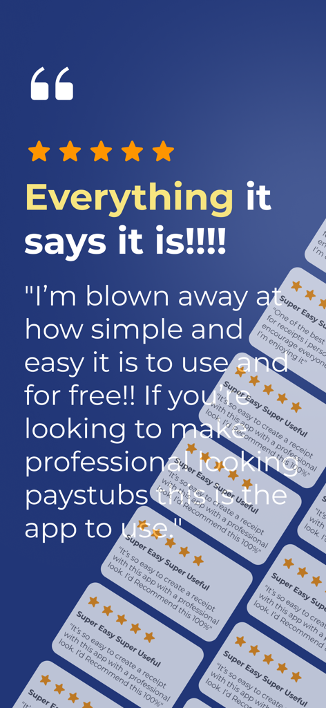 A collection of 5-star user testimonials and reviews for the Paystub Maker mobile app highlighting ease of use and professional results.