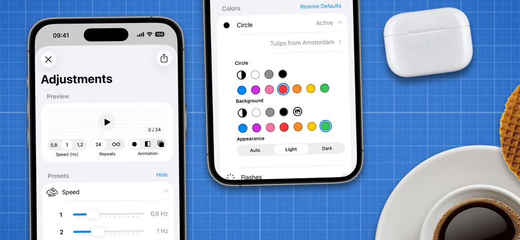 Impostazioni di regolazione e colore dell'app EMDR sugli schermi dell'iPhone
