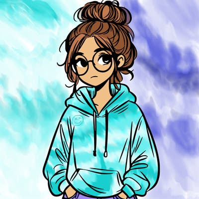 teen girl with a messy bun and glasses wearing a loose hoodie and jeans