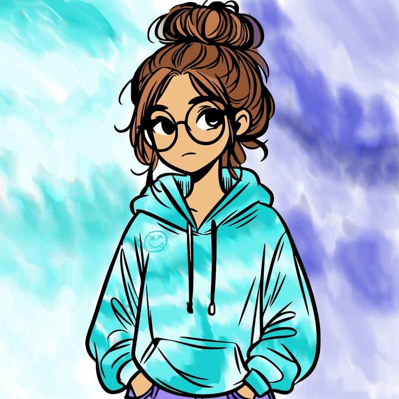 teen girl with a messy bun and glasses wearing a loose hoodie and jeans