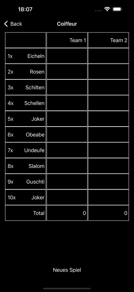 Digital scoring table for the Coiffeur variant of the Swiss card game Jass showing scores for two teams across different categories.