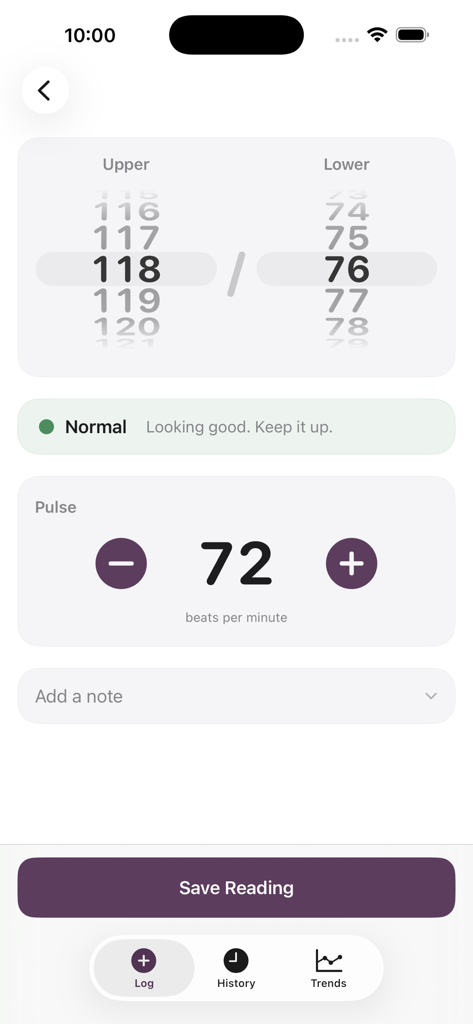 One Tap Blood Pressure - 大きな読みやすい数字で血圧と脈拍の測定値を記録するためのシンプルなモバイルアプリ画面。