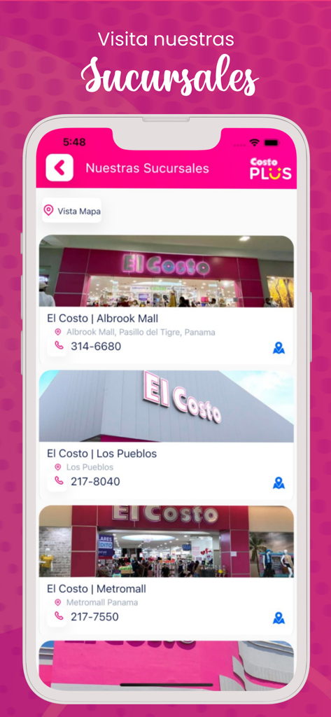 Costo Plus - Interfaz de la app Costo Plus mostrando una lista de sucursales de Almacenes El Costo con direcciones y números de teléfono