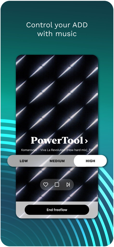 Focus@Will: Control Your ADD - Interface of the Focus@Will app showing a music player for ADD control with a high energy level setting selected.
