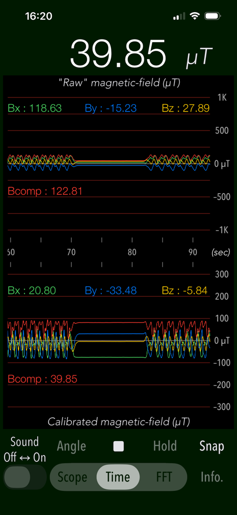 Magnetscape app Time mode showing raw and calibrated magnetic field graphs