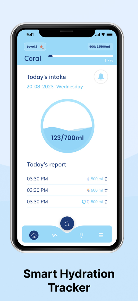 Drink Water Reminder & intake - Pantalla de smartphone de la aplicación Recordatorio de Beber Agua y Consumo que muestra el seguimiento diario de hidratación y el progreso.