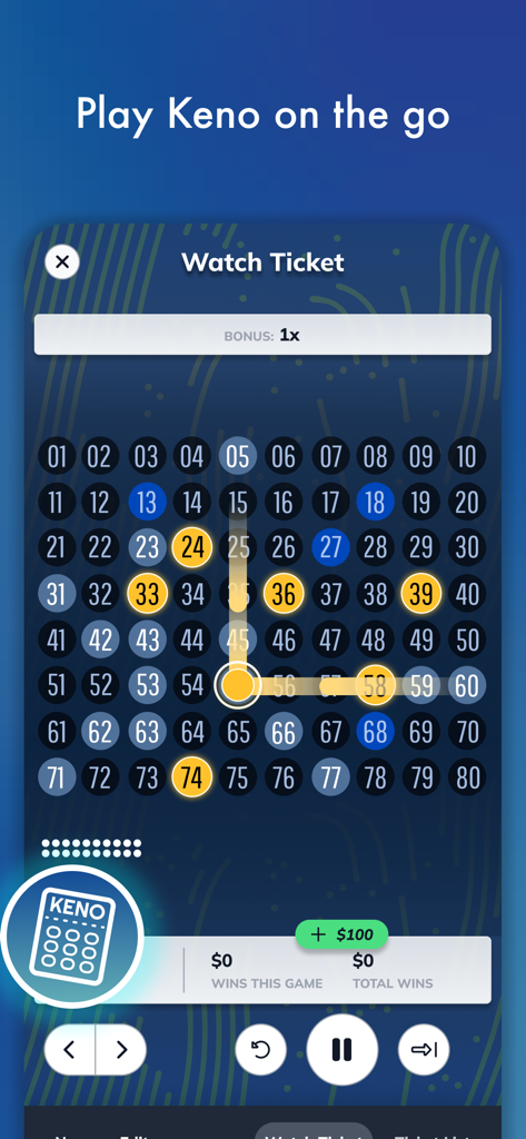 The Keno game interface on the MA Lottery mobile app showing a grid of numbers and ticket results playback.