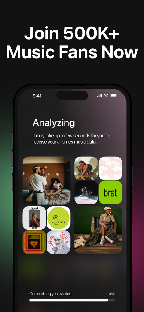 A smartphone screen showing the StatsApp music analysis process with album covers and a progress bar.