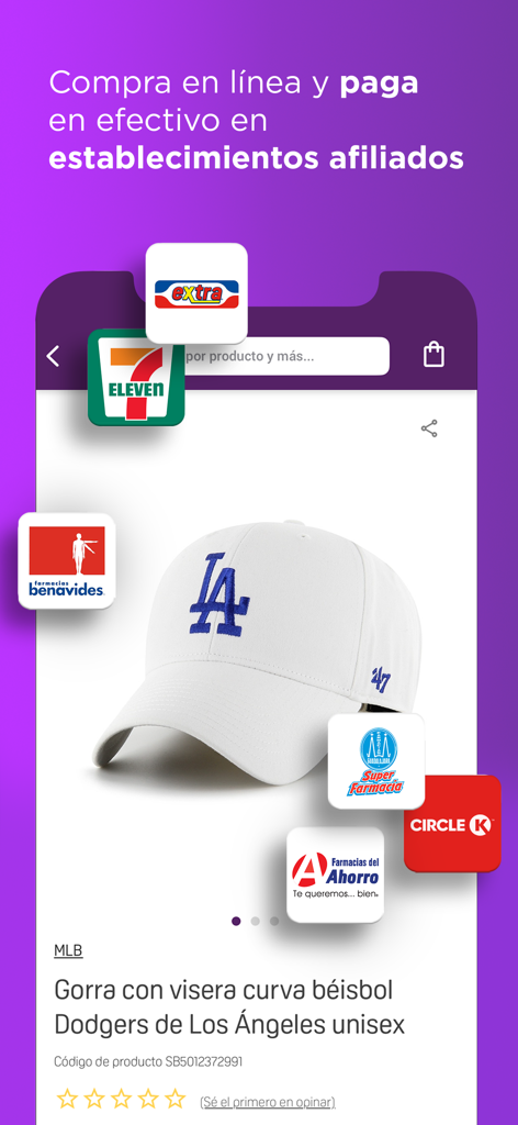 Suburbia app interface showing a Dodgers cap and cash payment options at affiliated stores like 7-Eleven and Circle K