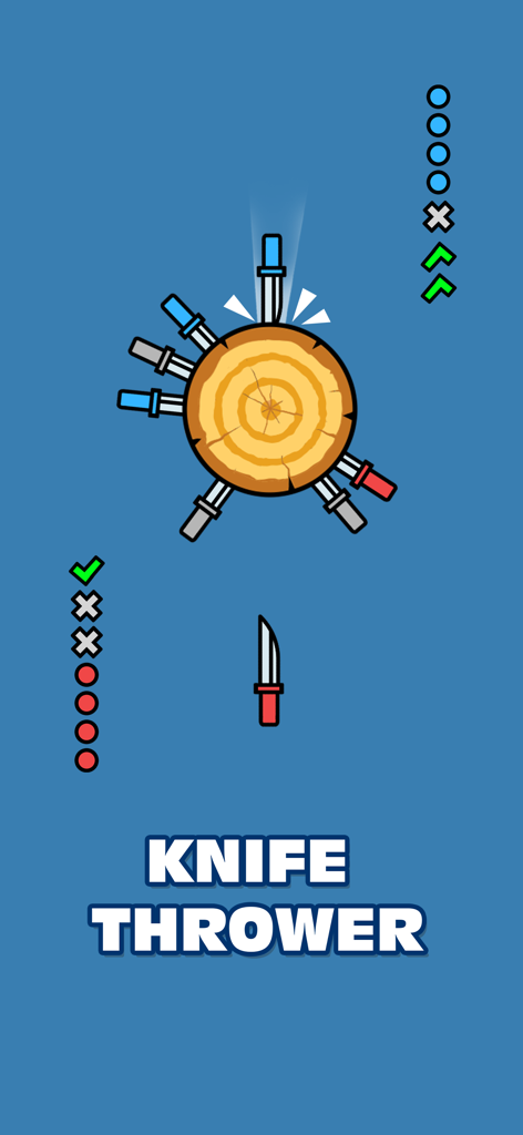 Pantalla del minijuego Lanzador de Cuchillos de 2 Player Games, mostrando cuchillos golpeando un objetivo de madera