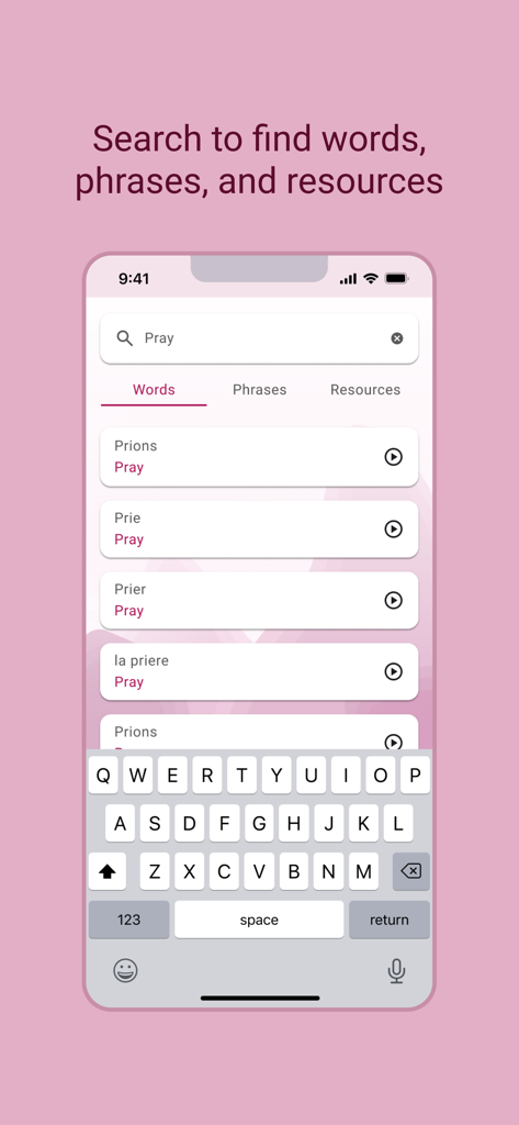 TALL Embark - TALL Embark app search interface showing French translations for gospel related words