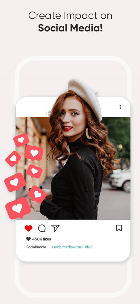 Who profile: AI Analysis - Who profile app screen with a woman in a beret on a social media post mockup showing heart icons and high engagement