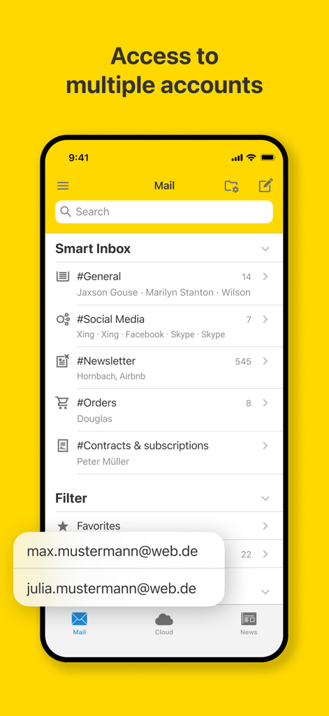 WEB.DE - Mail, Cloud & News - WEB.DE app screenshot displaying the Smart Inbox categories and the option to switch between multiple email accounts.