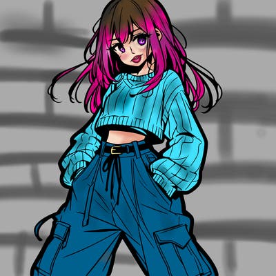 anime teen girl with baggy pants and crop top with sweater