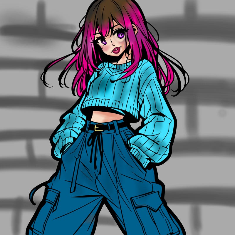 anime teen girl with baggy pants and crop top with sweater