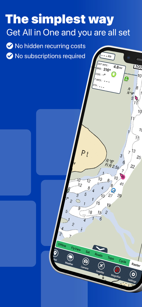 Flytomap All in One HD Charts - A smartphone displaying a detailed marine chart for navigation in the Flytomap app