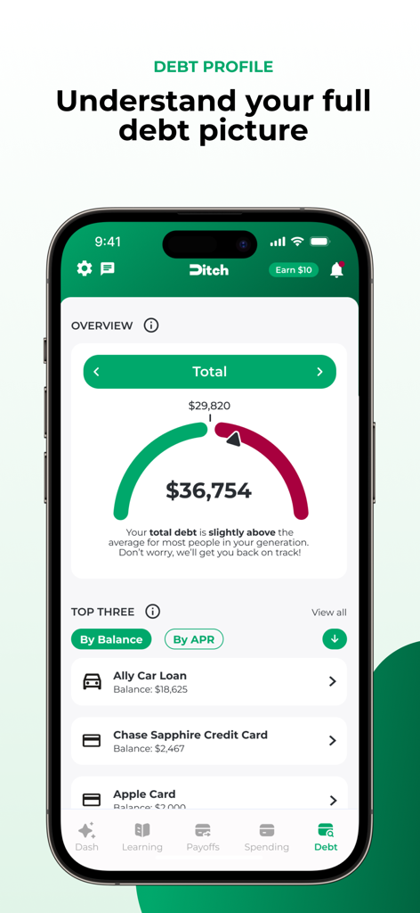 Ditch app debt profile screen showing total debt balance gauge and a list of individual loans like car and credit card debt