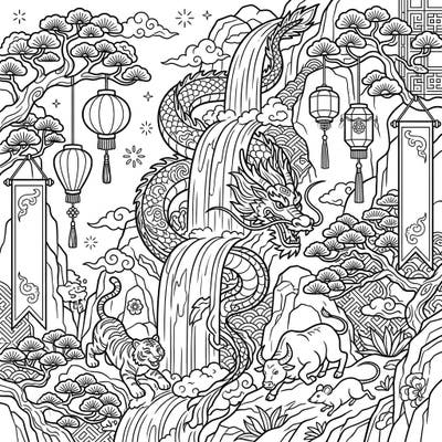 Discover a vibrant celebration of culture and nature with this intricate Lunar New Year coloring page, showcasing a majestic dragon gracefully interwoven with cascading waterfalls. Bring to life the festive spirit and symbolic zodiac animals with your favorite colors for a truly unique artistic experience.
