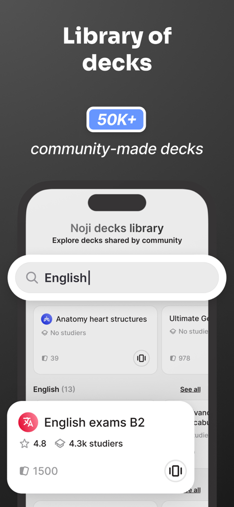Noji: Study with Flashcards - Tela do aplicativo Noji mostrando uma biblioteca de mais de 50.000 decks de cartões de estudo criados pela comunidade para matérias como anatomia e exames de inglês.