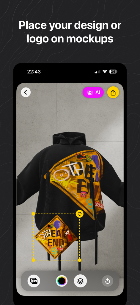 Mockup Clothing Design Tool - Mobile app interface showing a graphic design being placed and edited on a 3D black hoodie mockup