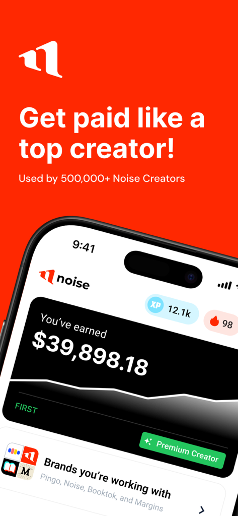 Noise - Make Money Posting - Noiseアプリのダッシュボードを表示するモバイル画面。総収益は39898ドルで、ブランドコラボレーションの詳細が表示されています。