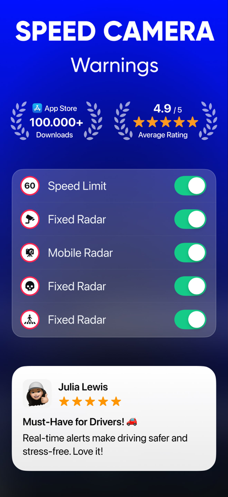 Captura de pantalla de la aplicación Detector de Radares que muestra la configuración de cámaras de velocidad para radares fijos y móviles y una reseña positiva de un usuario.