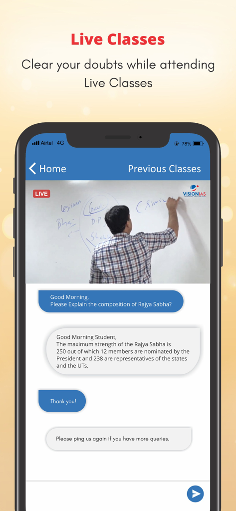 A mobile screenshot of the Vision IAS app showing a live online class with a chat interface for clearing student doubts