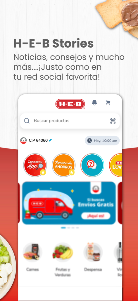 Pantalla de inicio de la app mi H-E-B mostrando la función H-E-B Stories con íconos circulares y accesos directos a categorías de comestibles en español.